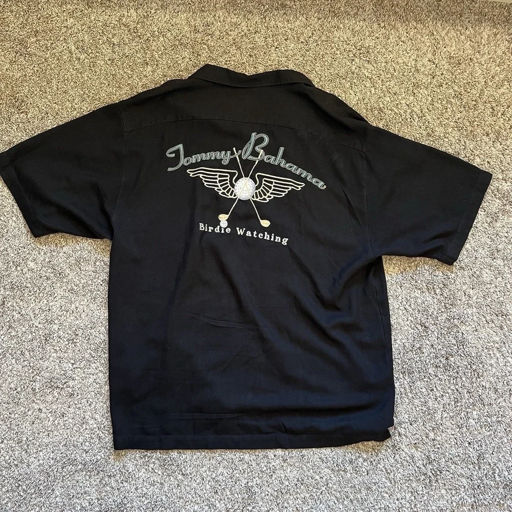 Tommy Bahama Silk Button Up Shirt Men's Large Black Golf "Birdie Watching" - Picture 4 of 10